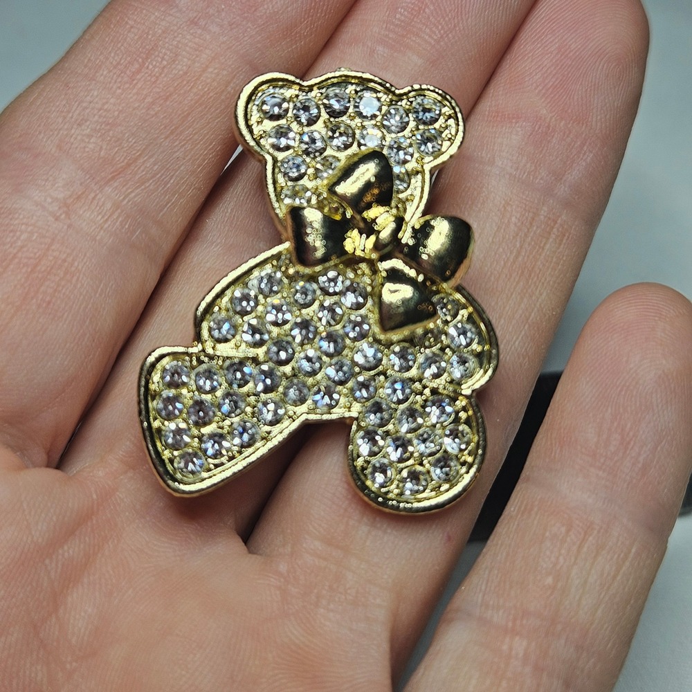 Teddy Bear Brooch Women OS Gold Rhinestone Bow Vintage Style‎ Pin
